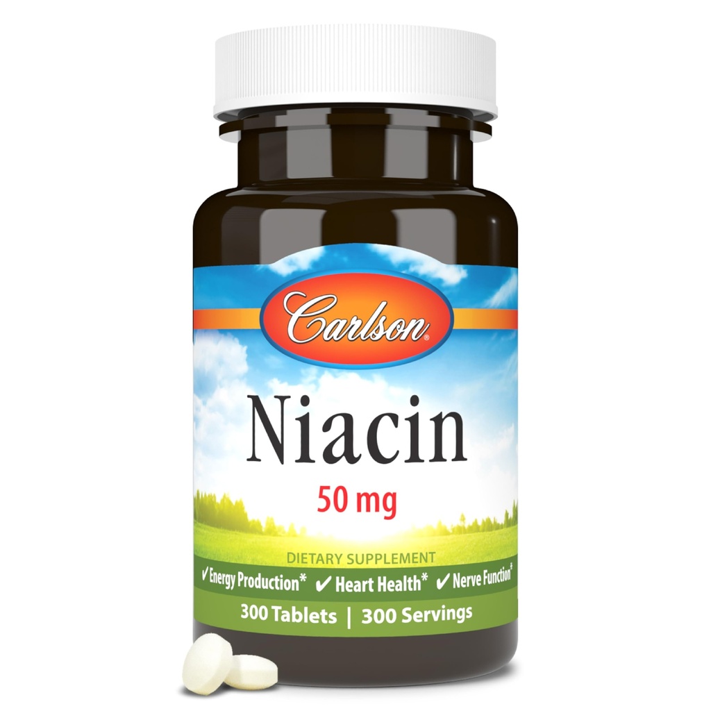 Carlson - Niacin, 50 mg, unterstützt Cholesterol Stoffwechsel, Energieproduktion, Herzgesundheit, Nervenfunktion, 300 Tabletten