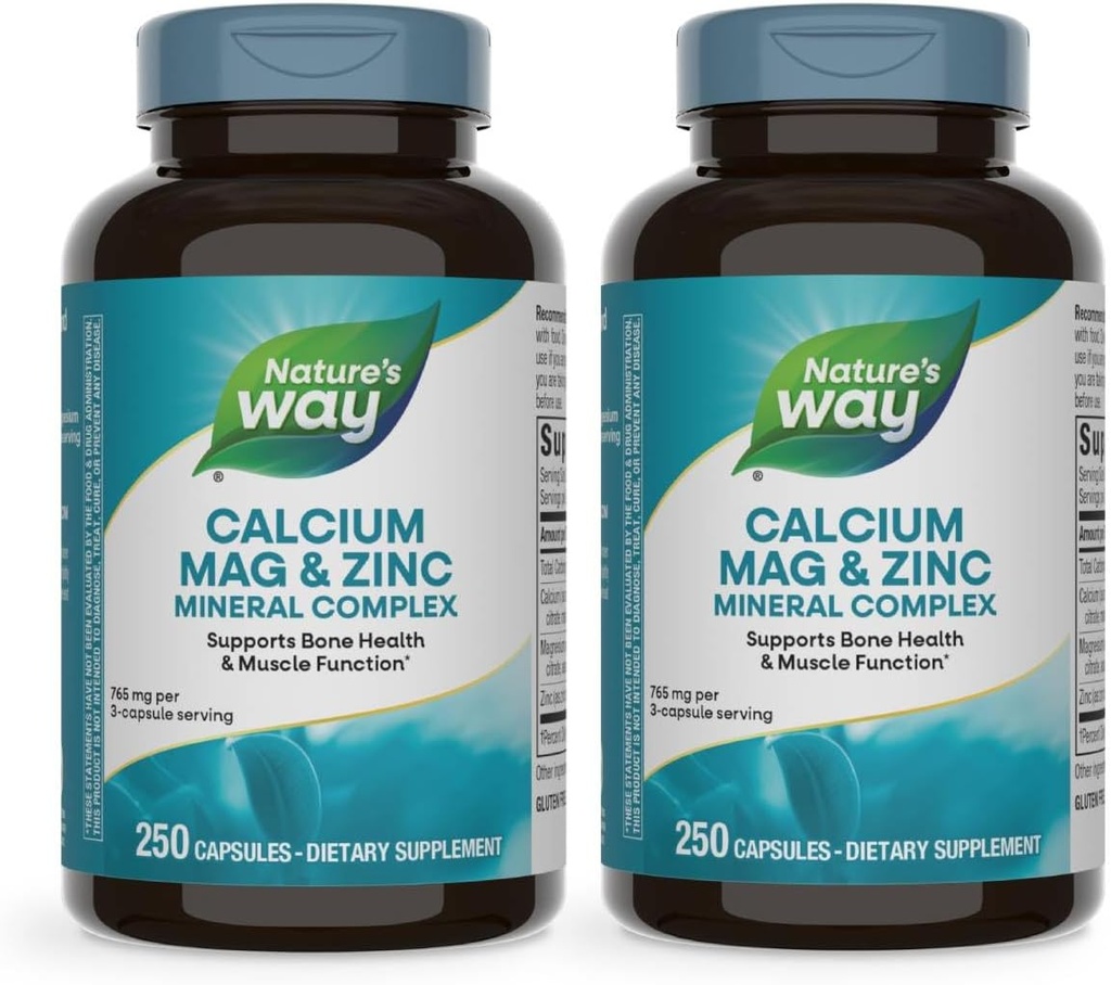 Nature's Way Calcium Magnesium & Zink Mineral Complex, unterstützt Knochengesundheit & Muskelfunktion*, Immununterstützung*, 250 Kapseln (Packaging May Vary) - 2 Pack