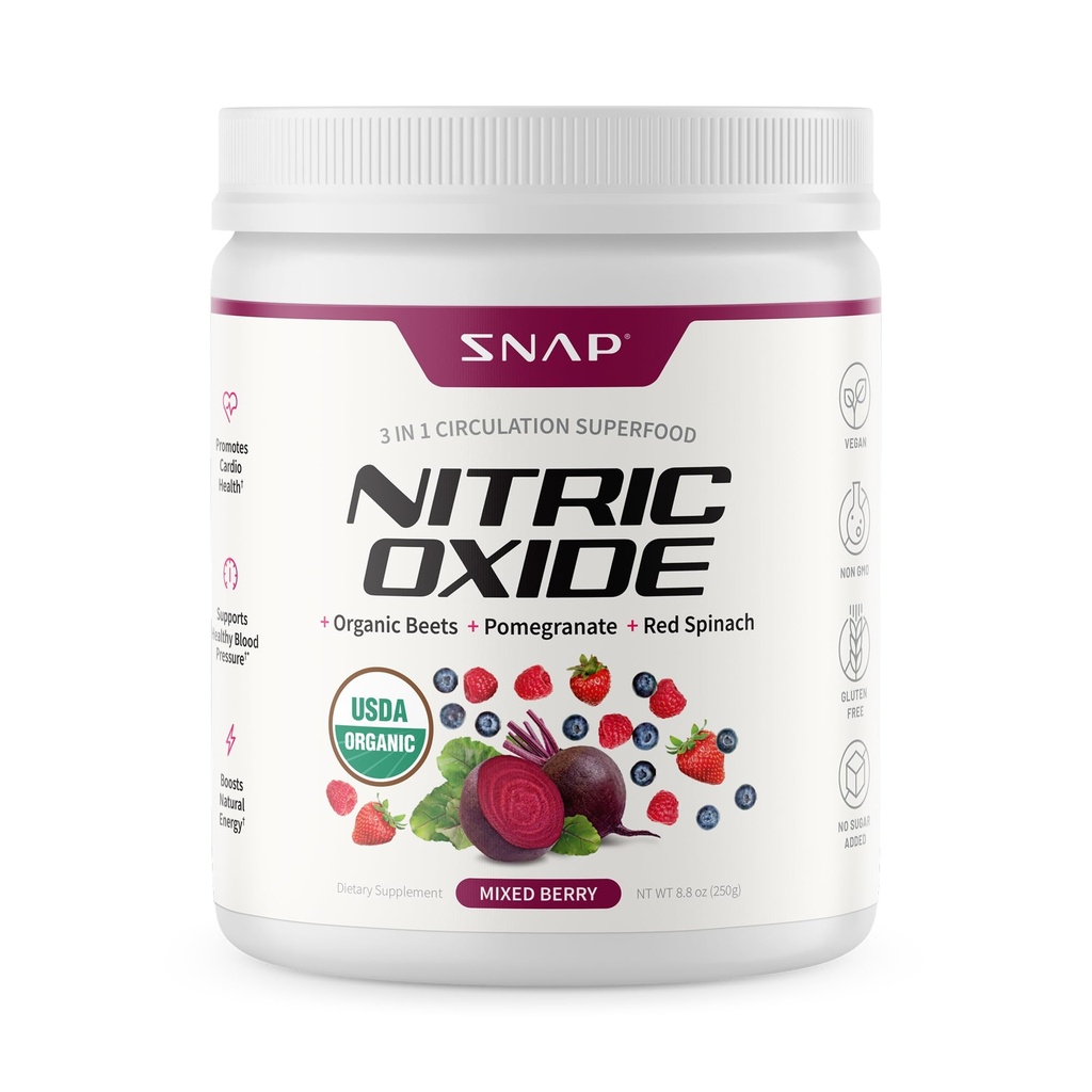 Snap-Ergänzungen Organic Beet Root Nitric Oxide Powder - Unterstützt Energie und Gesunde Zirkulation, 8.8 Unze (30 Portionen, 1 Monat Versorgung), Gemischte Beere