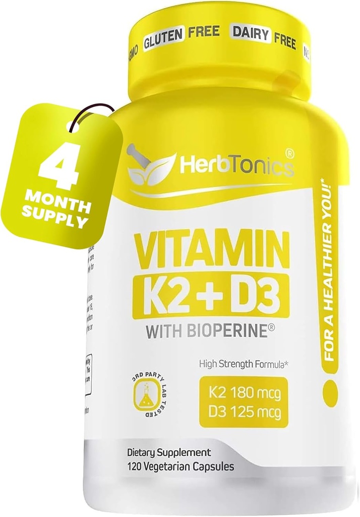 Immunsystem Unterstützung Vitamin K2 (MK7) mit D3 5000 Iu Supplement + Bioperine (Black Pepper) | Strong Bones & Heart Health | K2 D3 Complex | Easy to Swallow 120 Veg Kapseln