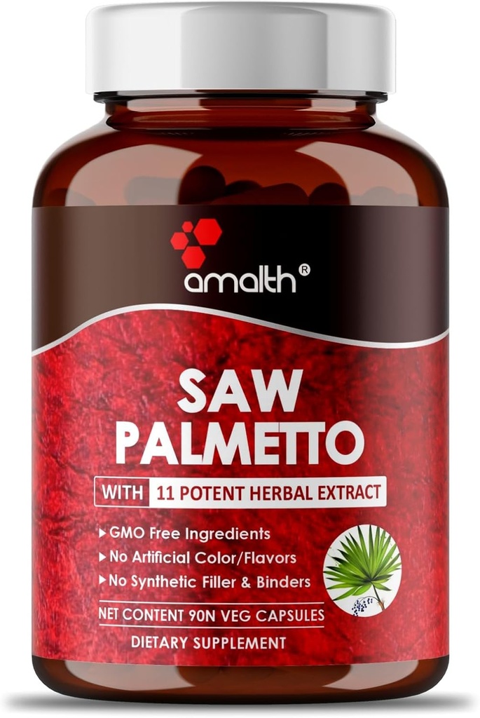 AMALTH Premium Saw Palmetto Capsule- Extra Stärke Formuliert mit Ashwagandha, Tribulus, Ginger, Maca, Heilige Basilikum und mehr natürliche Prostata Unterstützung, 90 Kapseln