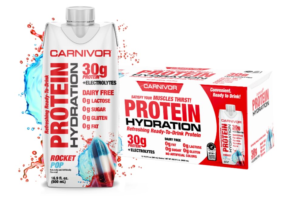 MuscleMeds Carnivor Protein Hydration RTD, Ready to Drink, Lactose Free, Sugar Free, 30g Isolate Protein, Halal Certified, Rocket Pop, 16.9 Fl Oz (Pack von 12)