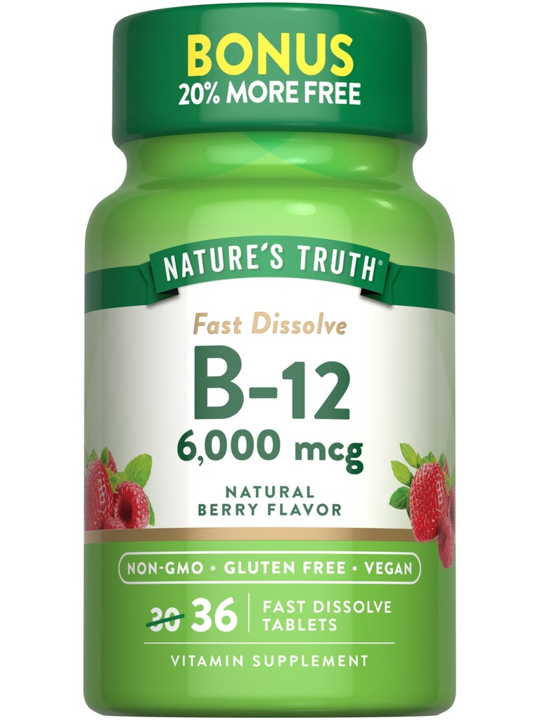 Nature's Truth B12 Vitamine 6000 mcg.Methylcobalamin.36 Comprimés Dissoudre rapidement les arômes naturels de baies.