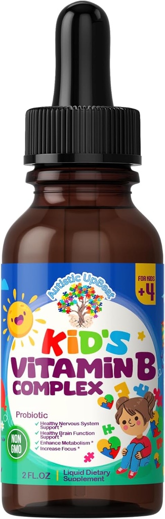 Autistic UpBeat: Kid's Vitamin B Complex | Kid-Friendly Drops | Unlfavored | B1, B2, B3, B6, B7, B9 & Methyl B12 | Gehirnfunktion, Fokus, Metabolismus | Kids B Complex Liquid Drops Supplement