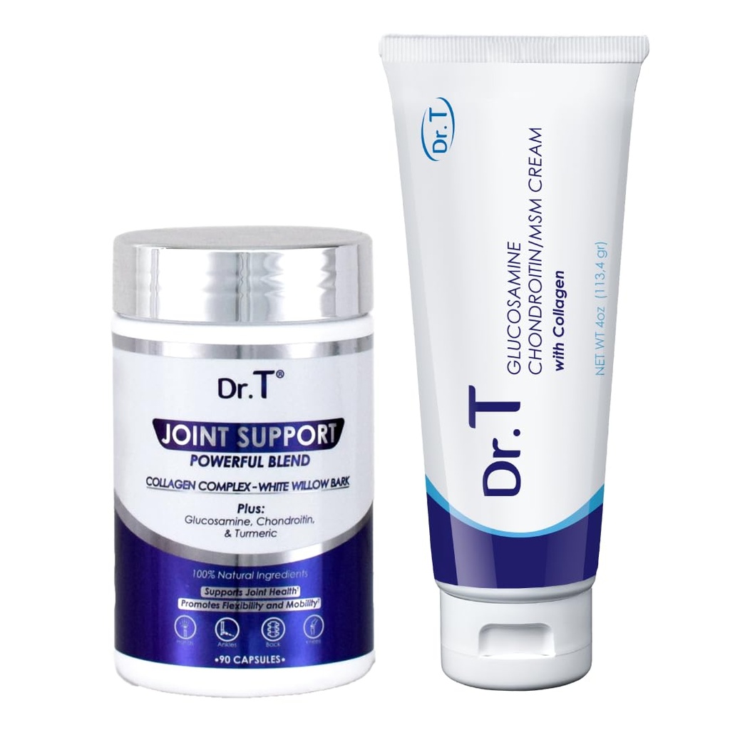 Dr. T Joint Health Bundle: Glucosamin/Chondroitin MSM Cream mit Collagen + Joint Support Supplement | Athlete-Grade Joint & Muskel Relief | Non-GMO, Gluten-Free, Made in USA