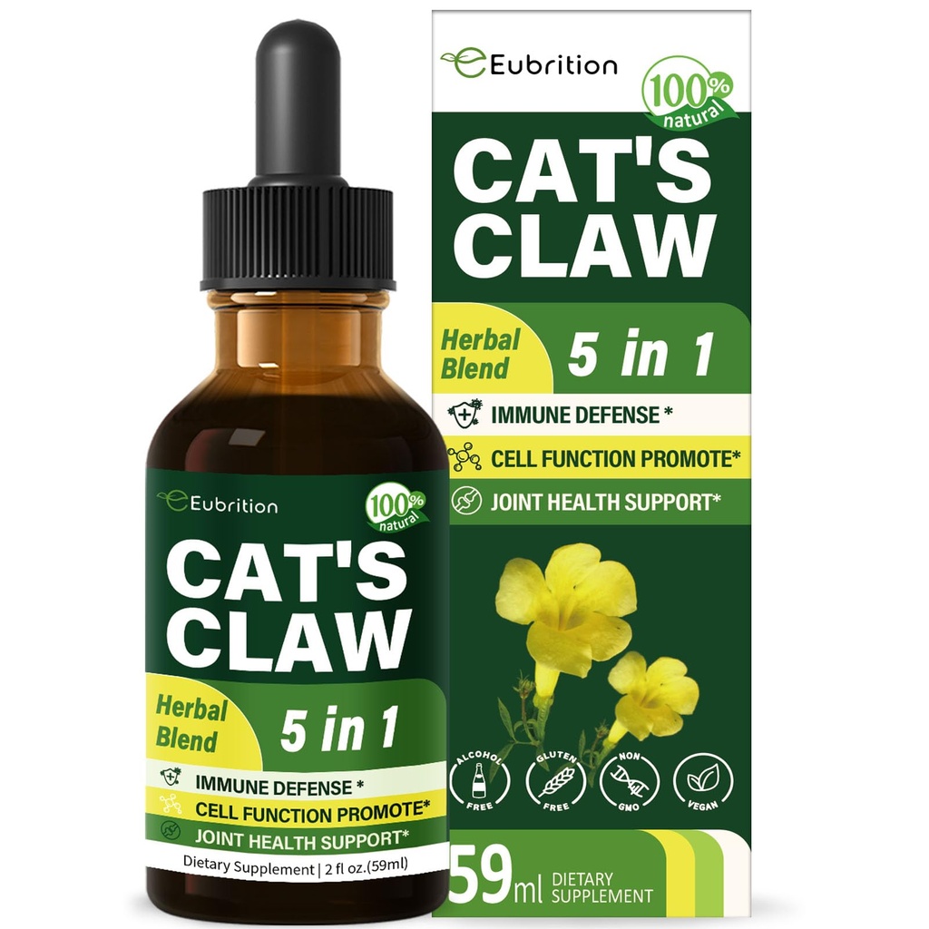 Cat's Claw Kräuter (Uña de Gato) Immununterstützung Flüssigkeitstropfen, 5-in-1 Kräuterergänzung mit Echinacea & Elderberry Extract, Alkoholfreie Tincture für Immunität Boost, Joint & Bone Health. 2 oz
