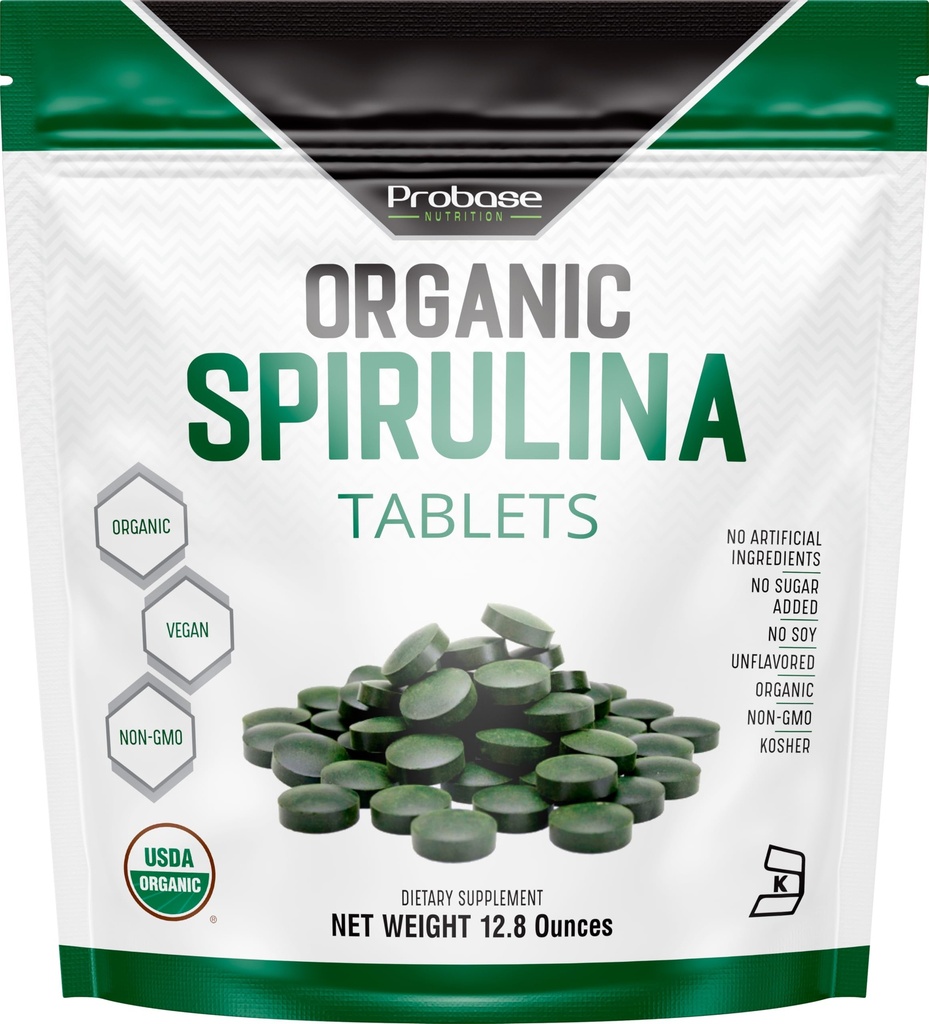 Probase Nutrition supplément de Spiruline biologique, 3000MG par portion, 720 comprimés (4 mois d'approvisionnement), pas de remplissage et non-OGM, riche en protéines végétales, vitamines et prébiotiques, pilules de Spiruline Premium