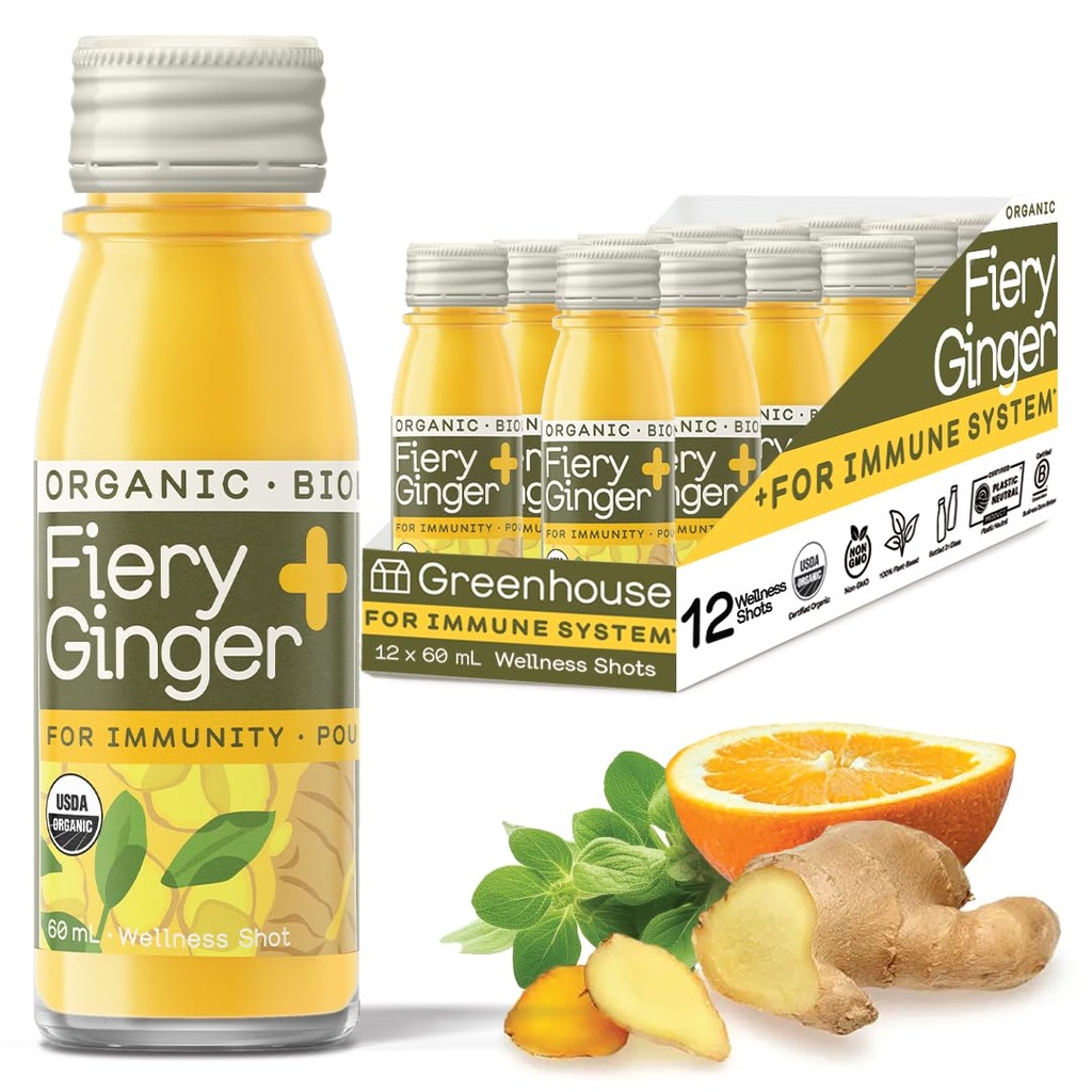 Greenhouse Juice Bio Fiery Ginger Wellness Shots 12-Count 60ml Glasflaschen, Vegan & Gluten-Free