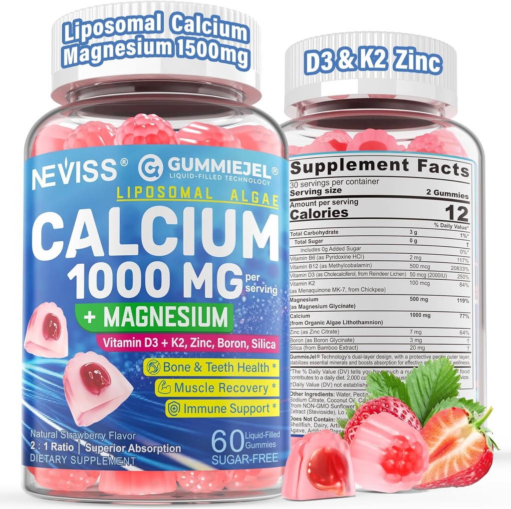 Kalziumergänzungsmittel für Frauen, Männer - Liposomale Kalzium 1000mg Mit Vitamin D3 K2, Magnesium Glycinat, Zink, Boron, Silica für Knochengesundheit - Zucker freie Calcium Magnesium Zink Gummie, Vegan, 60 Graf