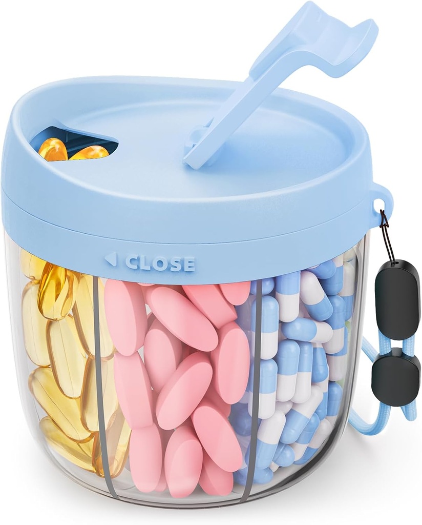 Süße Pillenspender mit 7 großen Komponenten, Tragbare Pillen Flasche Organizer mit weitem Öffnen für einfachen Gebrauch, Anti-Mix Pill Organizer für Reisen, BPA-freie Pille Container, Blau