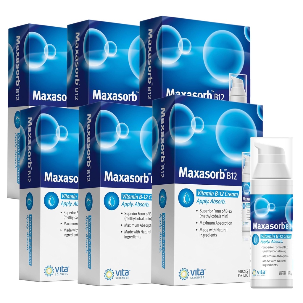 Vita Sciences Maxasorb B12 Vitamin B-12 Cream 1000 mcg: Leistungsstarkes Themates Methylcobalamin für Energie, Gesundheit und Glowing Haut - Pack von 6