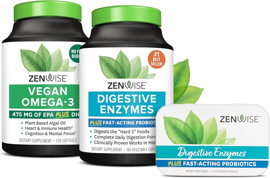 Zenwise Gesundheit Verdauungsenzyme Vegan Omega und freie Reise Tin