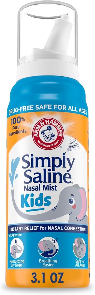 ARM & HAMMER Einfach Saline Kids Nasal Mist, Saline Spray für Gentle Nasal Congestion Relief, 3.1 Oz
