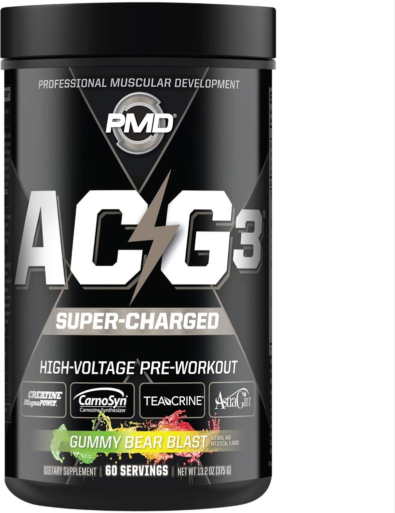 PMD Sports ACG3 Supercharged - Pre Workout - Leistungsstarke Kraft, hohe Energie, Maximierung Psychischer Fokus, Ausdauer und optimale Workout-Performance für Männer und Frauen - Gummy Bear Blast (60 Servietten)