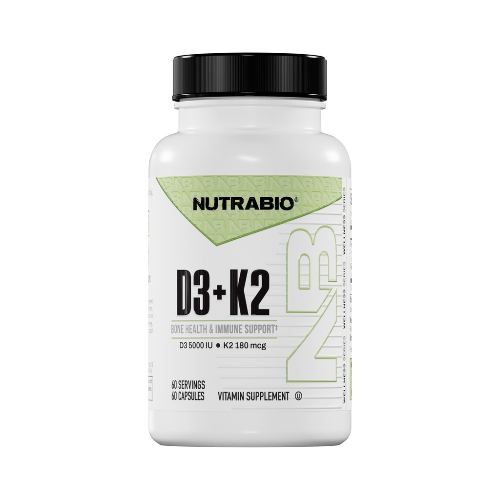 NutraBio Vitamin D3 K2 | 5000 IU D3 als Cholecalciferol mit Vitamin K2 als MENA-Q MK7 (180mcg) | Unterstützung Knochen und Herzgesundheit | Non-GMO, Glutenfrei, Lactosefrei | 60 Gemüsekapseln