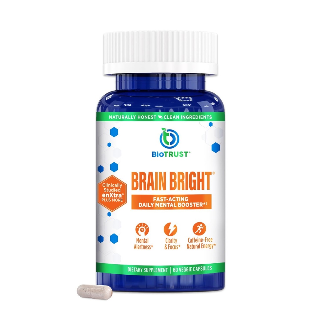 BioTrust Brain Bright – Daily Nootropic Boost for Focus, Concentration, Mental Clarity – Caffeine Free Nootropics Brain Support Supplement – Thai Ginger, Ginkgo, Folate, L-Theanine – 30 Servietten