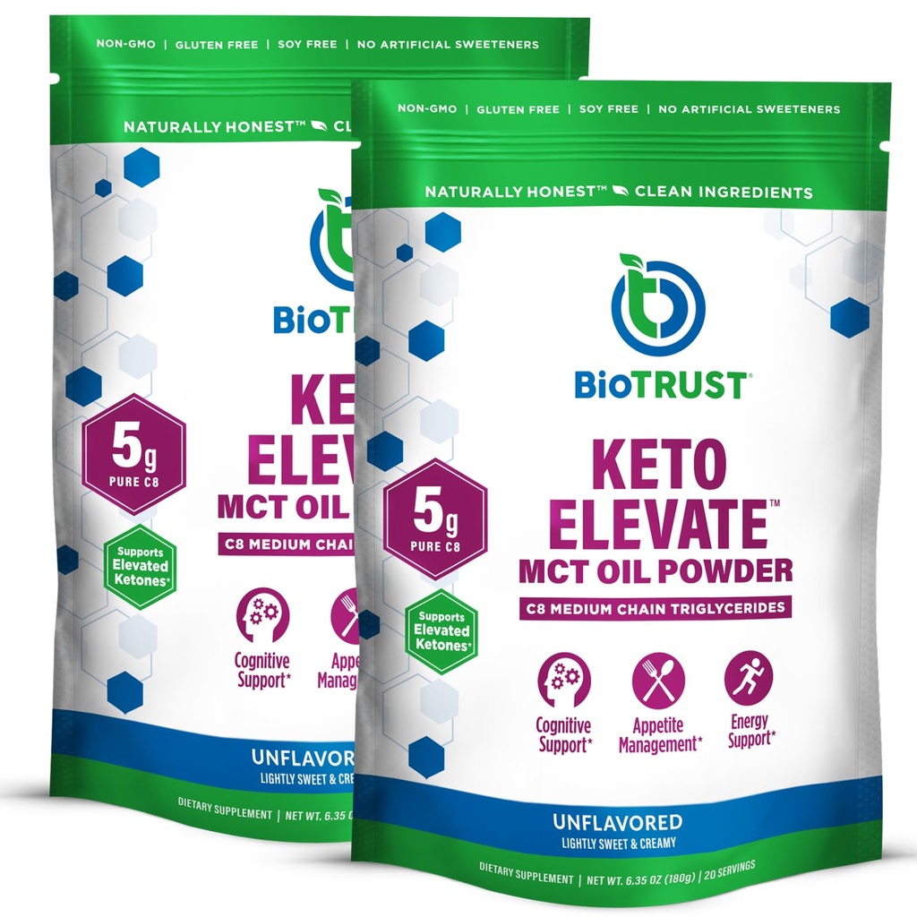 BioTrust Keto Elevate – C8 MCT Ölpulver – Ketogenic MCT Kaffee Creamer, Keto Coffee Creamer – Clean Energy, Mental Focus & Clarity – 100% Caprylic Acid MCT Powder, Non-GMO (Unflavored, 40 Servierungen)