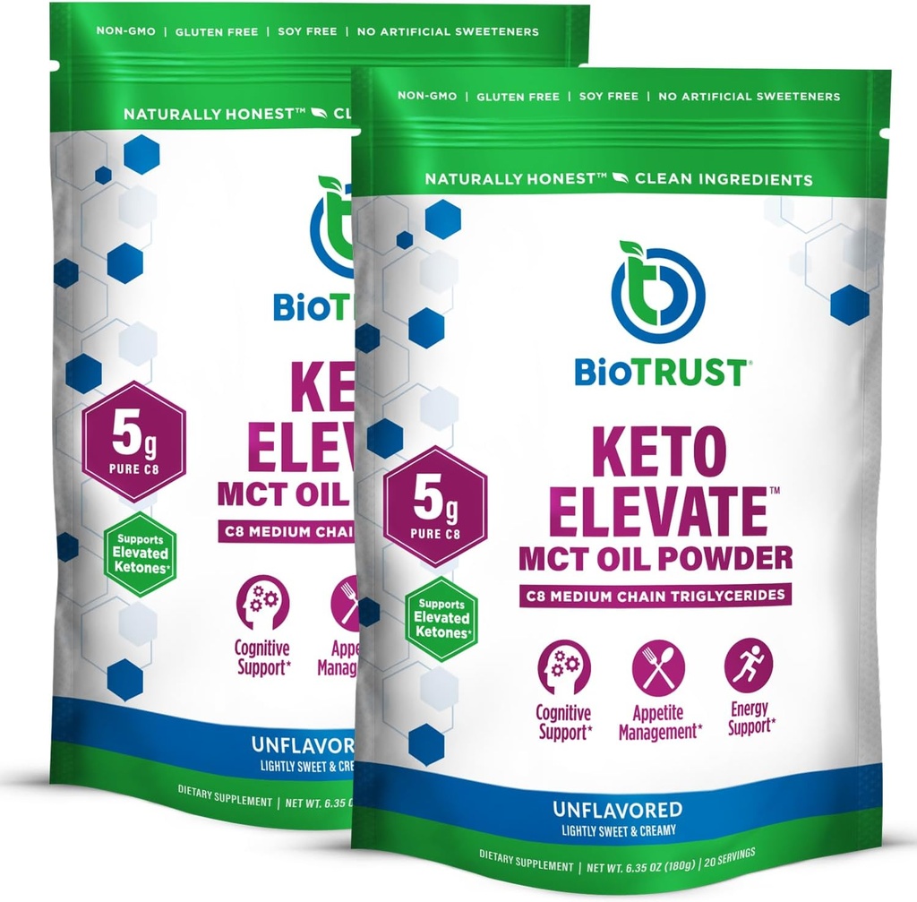 BioTrust Keto Elevate – C8 MCT Ölpulver – Ketogenic MCT Kaffee Creamer, Keto Coffee Creamer – Clean Energy, Mental Focus & Clarity – 100% Caprylic Acid MCT Powder, Non-GMO (Unflavored, 40 Servierungen)