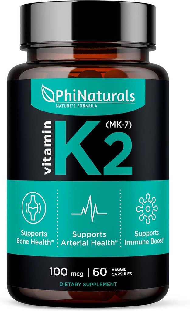 PhiNaturals Vitamin K2 Mk7 100 mcg Vegan 60 Kapseln Knochen Gesundheit Herz Herz Herz Herz Herz Herz-Kreislauf-Arterien - VIT k-2 MK-7 100mcg Supplement von Natto