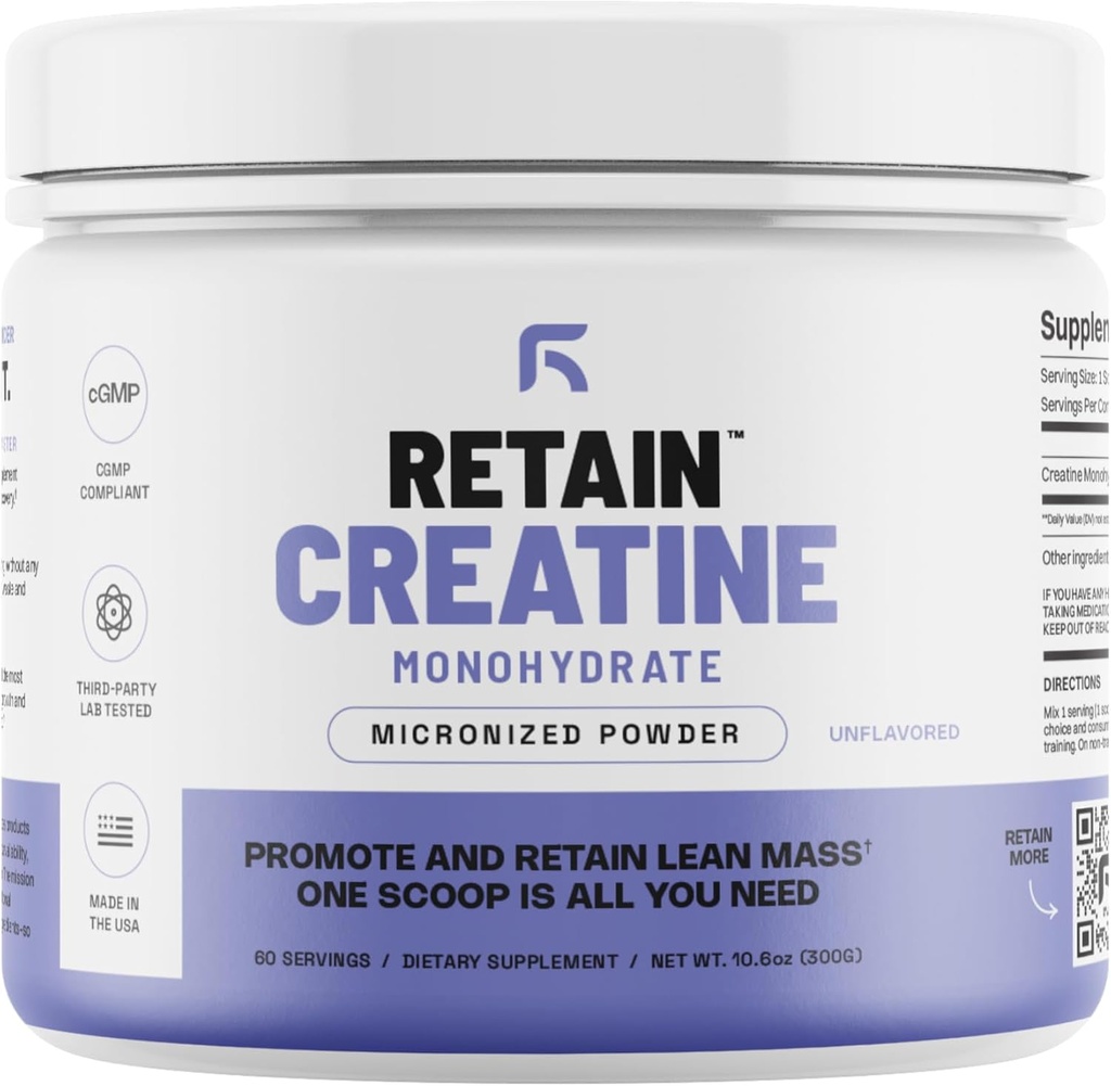 RETAIN Creatin Monohydrat-Pulver (60 Serv) - 100% Micronized High Absorption Creatine Monohydrat, Lean Muscle Maß & Recovery