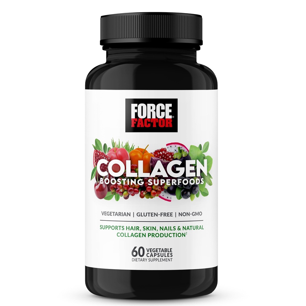 Force Factor Collagen Boosting Superfoods, Vegan Collagen Booster avec l'acide hyaluronique, Biotine, Bamboo, Amino Acides & Vitamines pour les cheveux, la peau et les ongles, Renforceur et supplément de peau, 60 Capsules