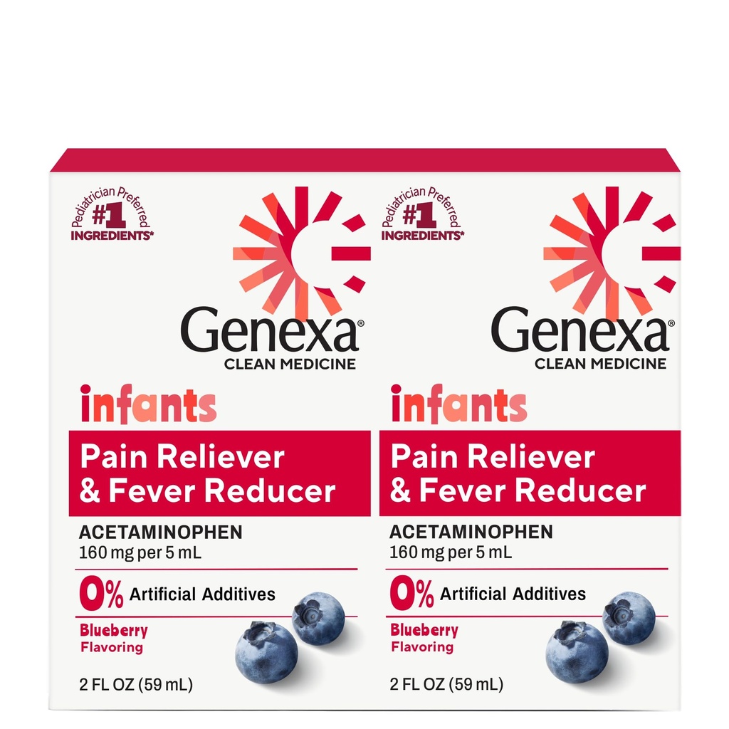 Genexa Infantiles' Acétaminophène propre , Ingrédients préférés des pédiatres , anti-douleur et réducteur de fièvre pour bébés , sans colorant , 0% Additifs artificiels , Bio Blueberry Flavor , 4 fl oz (2 Pack)