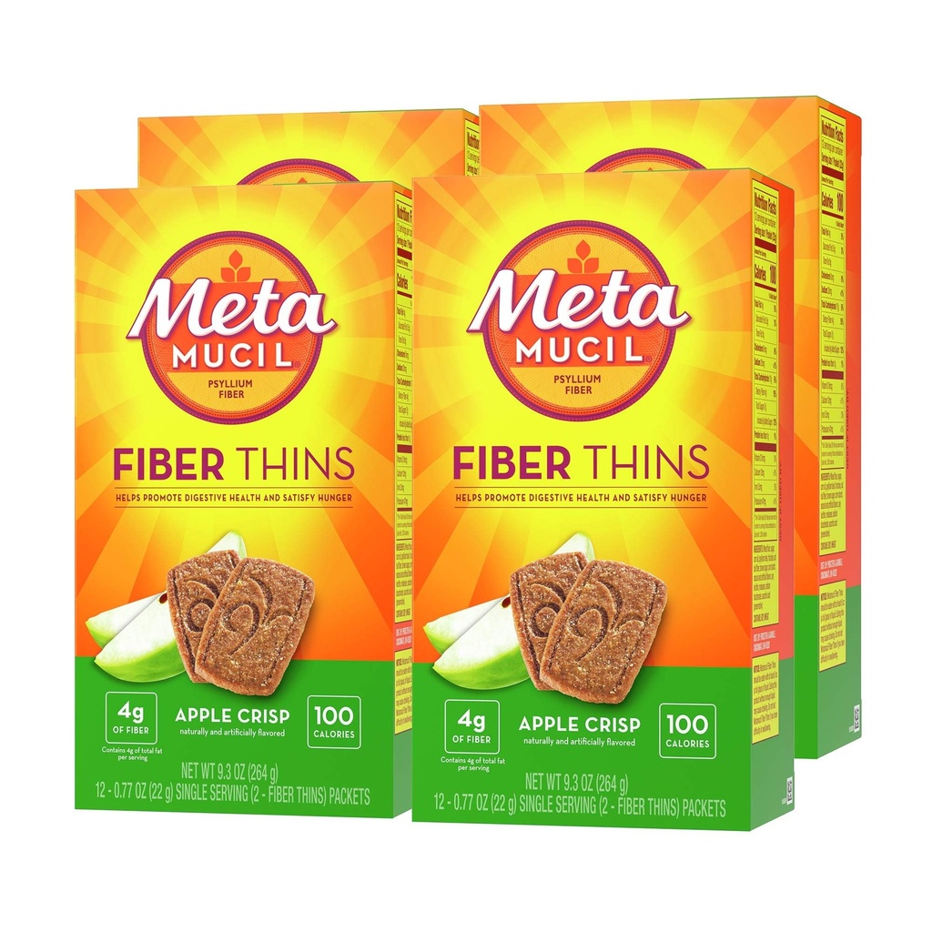 Metamucil, Fiber Thins, Daily Psyllium Husk Fiber Supplement, unterstützt Verdauungs-Gesundheit und Zufriedenheit Hunger, Apple Crisp Flavor, 48 Gesamt Servierungen (4 Packungen von 12)