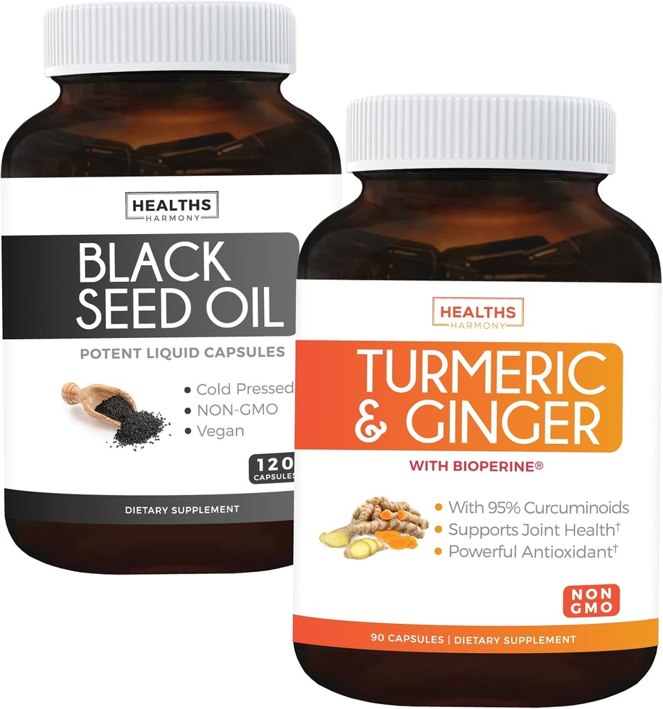 Bundle von Turmeric & Ginger & Black Seed Oil - Golden Harmony Blend - Turmeric & Ginger mit 95% Curcuminoids & Bioperine (90 Kapseln) & Schwarz Seed Oil (Non-GMO) 100% Kalt-gepresstes Cumin Seed Oil