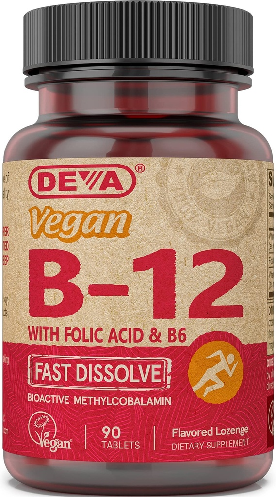 DEVA Vegan Vitamin B12 Fast Dissolve Supplement - Einmal täglich Komplex mit 1000 Mcg Methylcobalamin B12, Folsäure, B6 - Zitronengeschmack - 90 Dissolvable Tabletten,