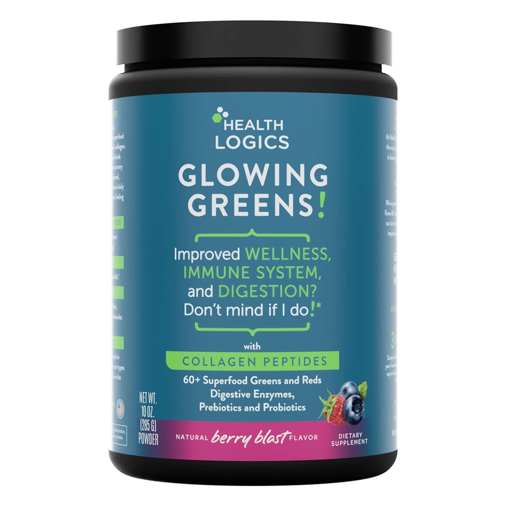 Logiques de santé Glowing Greens Superfood Powder with Collagen Peptides, Enzymes digestifs, Prébiotiques et Probiotiques – Antioxydants, Améliorer le bien-être, Immune, Digestion et Gut Health Support