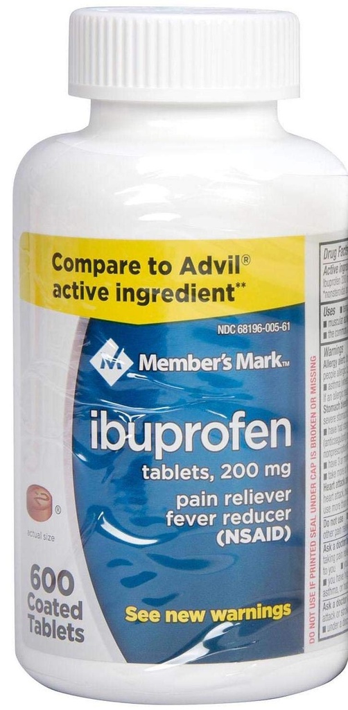 Mitglieder Mark Ibuprofen Coated Tablets 200mg Pain Reliever Fever Reducer, 1 Flasche, 600 Tabletten