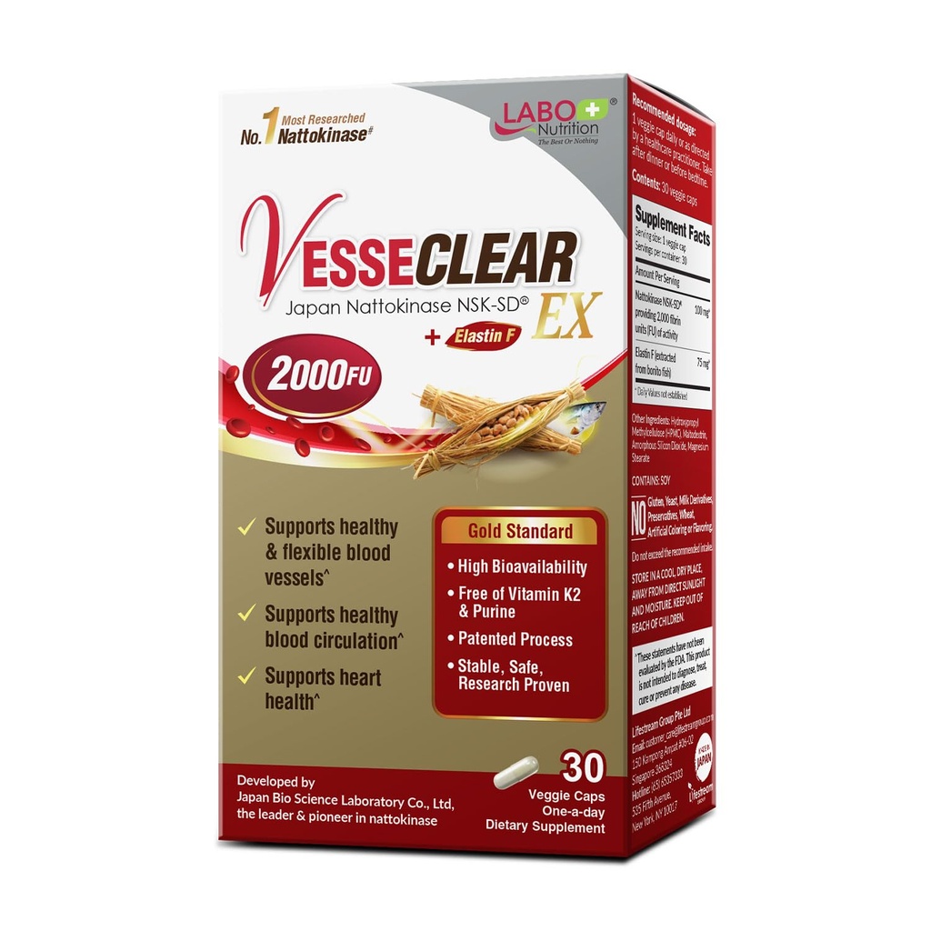 LABO Nutrition VesseCLEAR EX: Nattokinase NSK-SD+Elastin F für sauberes und flexibles Blutgefäß. Japan's Most Research Proven, Functional Dose, Acid-Resistant/Delayed Release Capsules