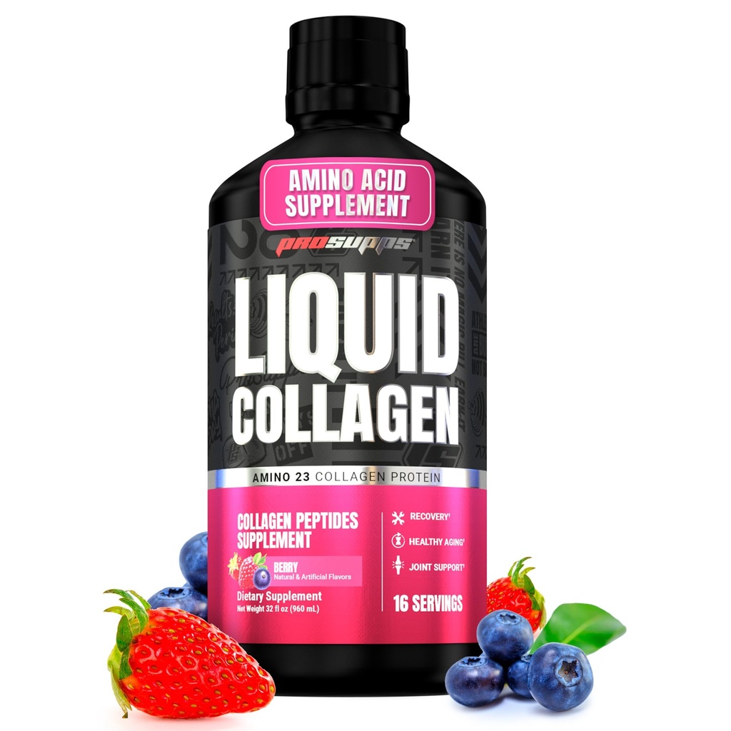 PROSUPPS Amino23 Liquid Collagen Shots, Berry - Collagen Peptide Supplément post entraînement soutient le vieillissement en santé, les articulations, la peau et les cheveux - sans gluten et sucre zéro - 16 portions