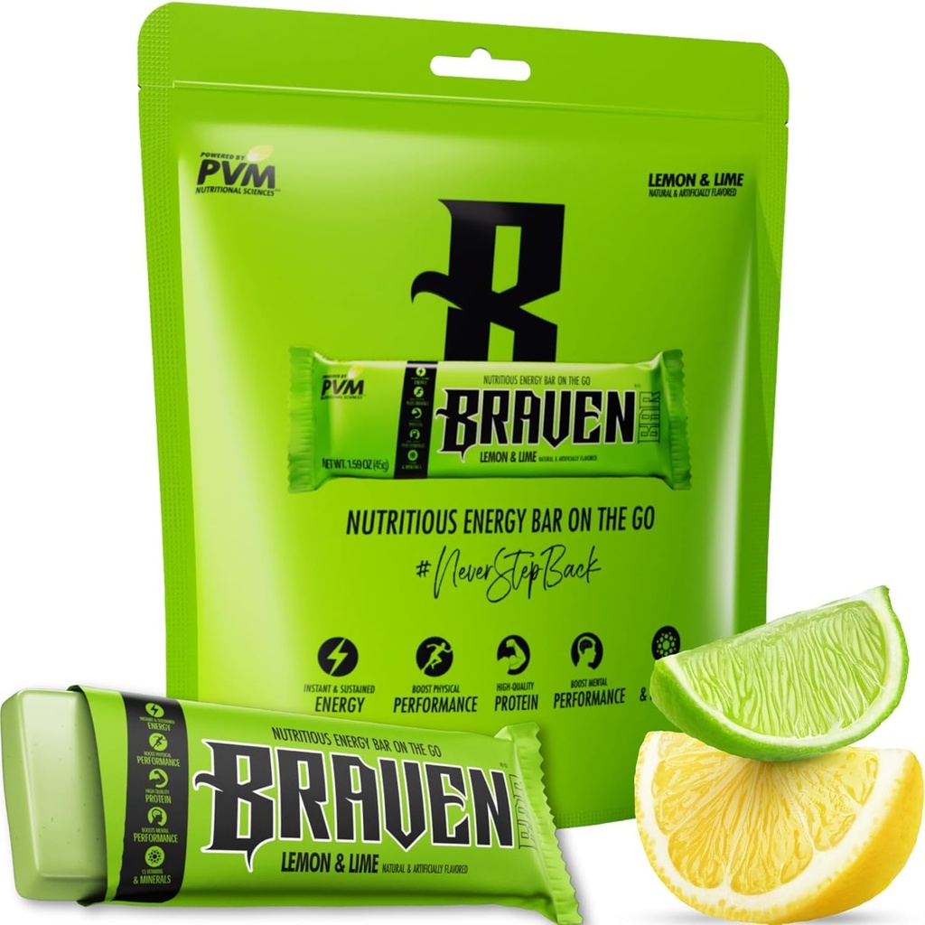 Braven Bar Lemon Lime Energy Bars (1.59 Unze, Packung 10) – Energy Chews mit 5g Protein – On-the-Go Energy Snacks für Laufen, Wandern und Sport - Gluten kostenlose Snacks für nachhaltige Energie Boost