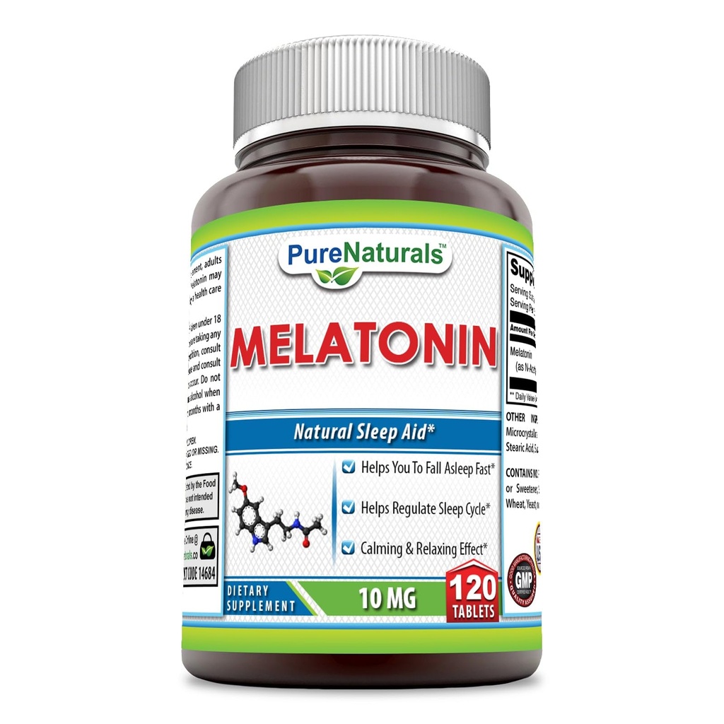 Pure Naturals Melatonin Supplement $ 10 Mg par service $ 120 comprimés $ Non-OGM $ Sans gluten $ Fabriqué aux États-Unis