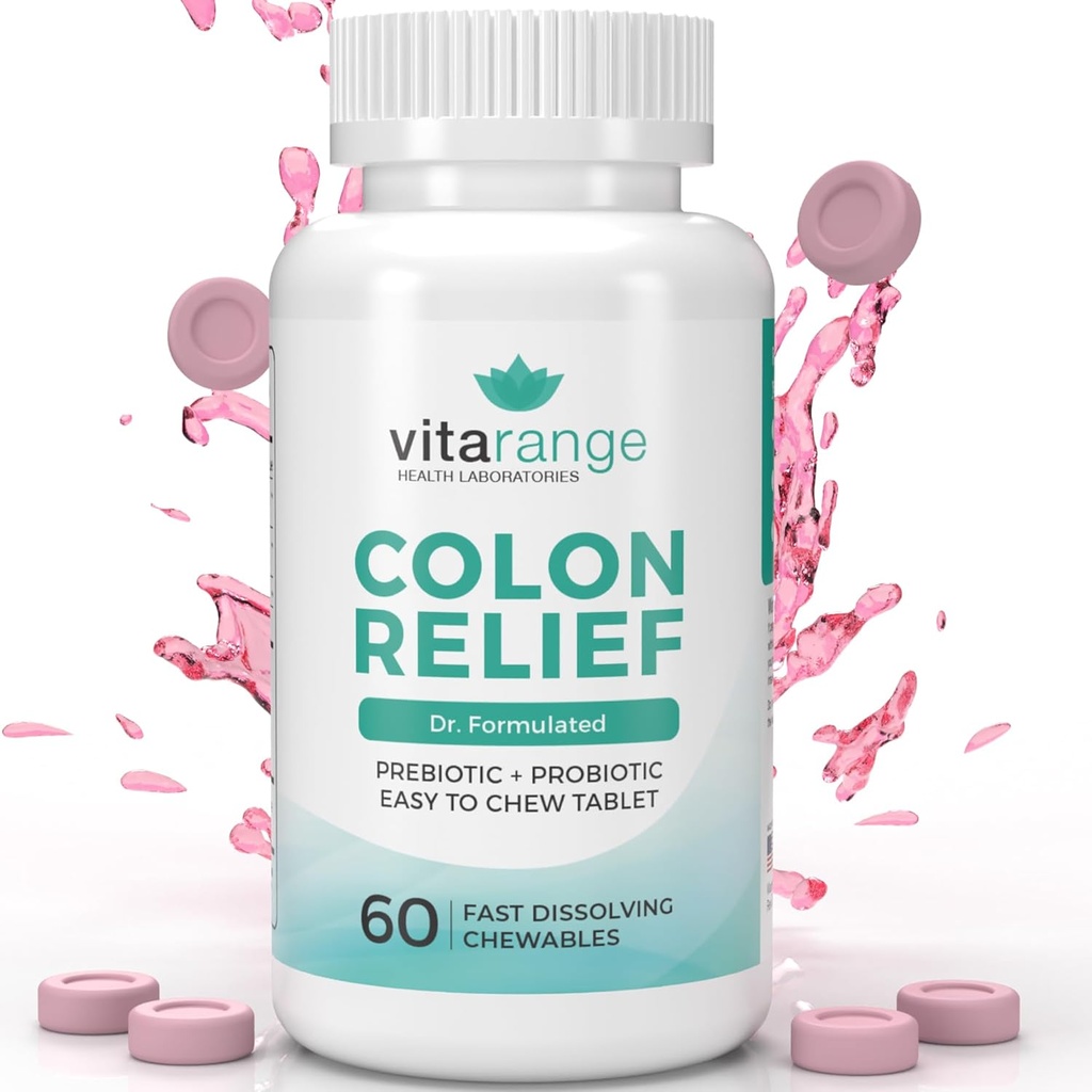 Relief Colon par VitaRange- Constipation rapide et soulagement de la blouse avec fibre de soleil prébiotique et pré + probiotiques pour la santé digestive - 60 comprimés de fraises à croquer – Probiotiques préparés par le médecin