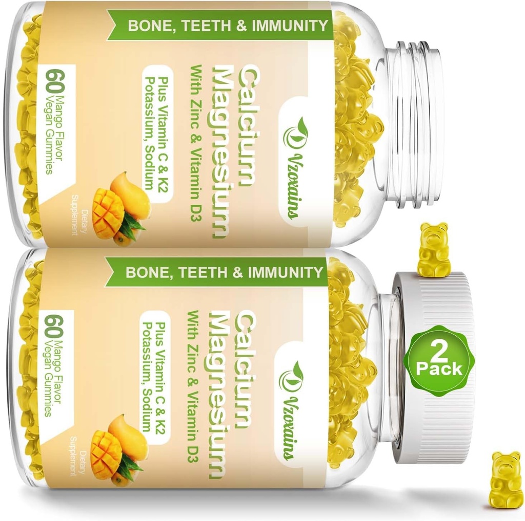 Hohe Absorption Calcium-Gummi, Calcium Magnesium Zink mit Magnesium-Glycinat, Kalium, Vitamin D3 für Frauen & Men- Mango Flavor 120 Cts