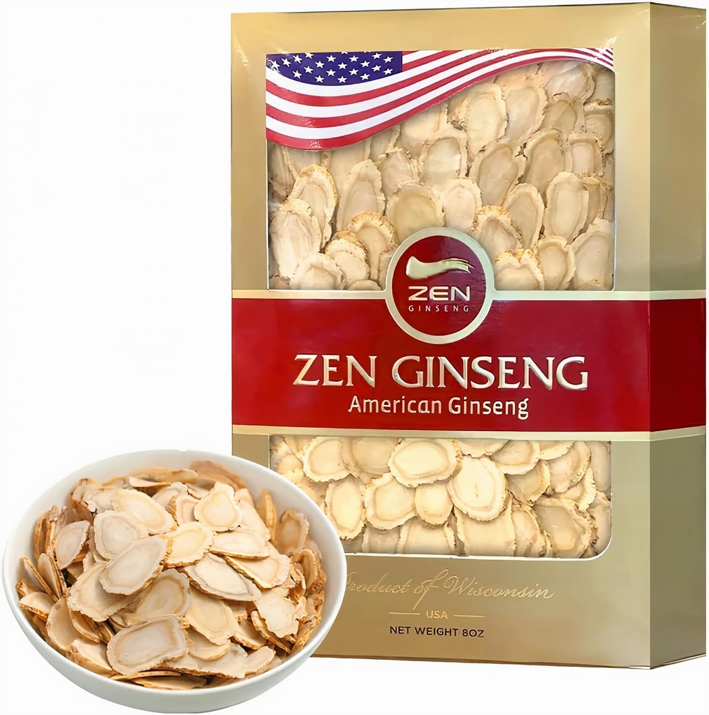 Zen American Wisconsin Ginseng Slices — Amélioration de l'énergie, de la performance et de la santé mentale pour les hommes et les femmes (8oz. Boîte)