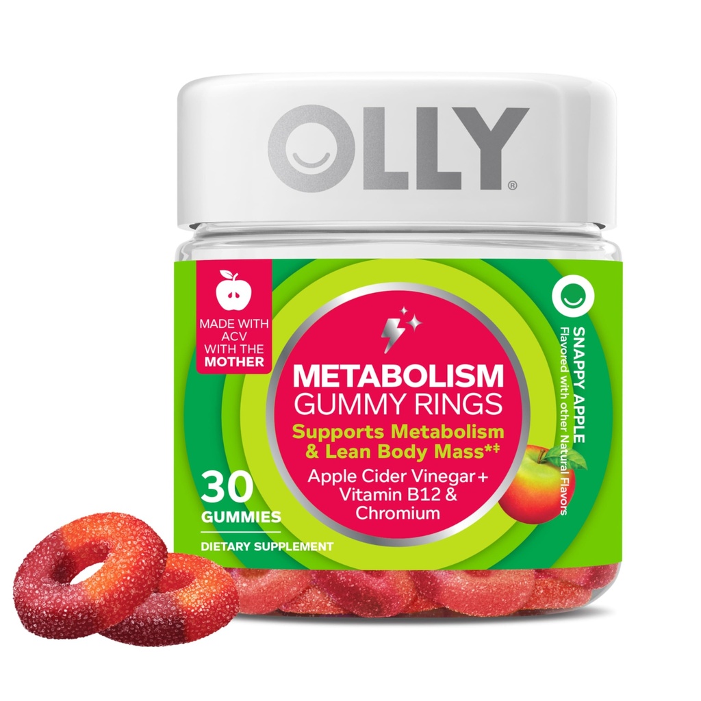 Métabolisme OLLY Anneaux gommy, vinaigre de cidre de pomme, vitamine B12, chrome, énergie et santé digestive, supplément à croquer, saveur de pomme - 30 comtes