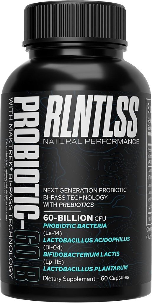 RLNTLSS - Probiotique 60 milliards CFU - 4 mélanges de souches - Supplément Premium - Hommes et femmes - Stable Capsule probiotique - Probiotique et prébiotique - (Bouteille de comptage 60)
