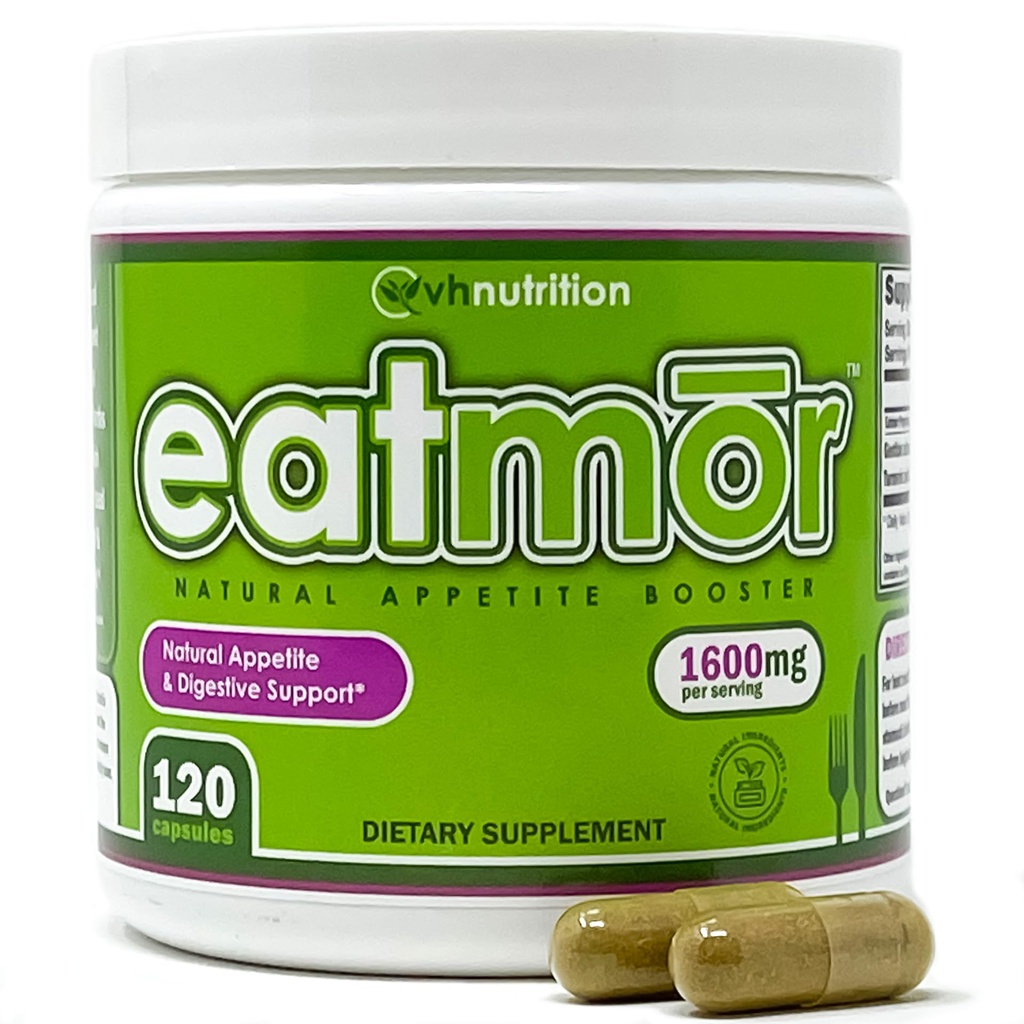 VH Nutrition Eatmor | Appetite Booster | Weight Gain Pills* für Frauen und Männer | Entworfen für Frauen mit Gentian, Ginger, Alfalfa | 120 Easy-to-Swallow Capsules