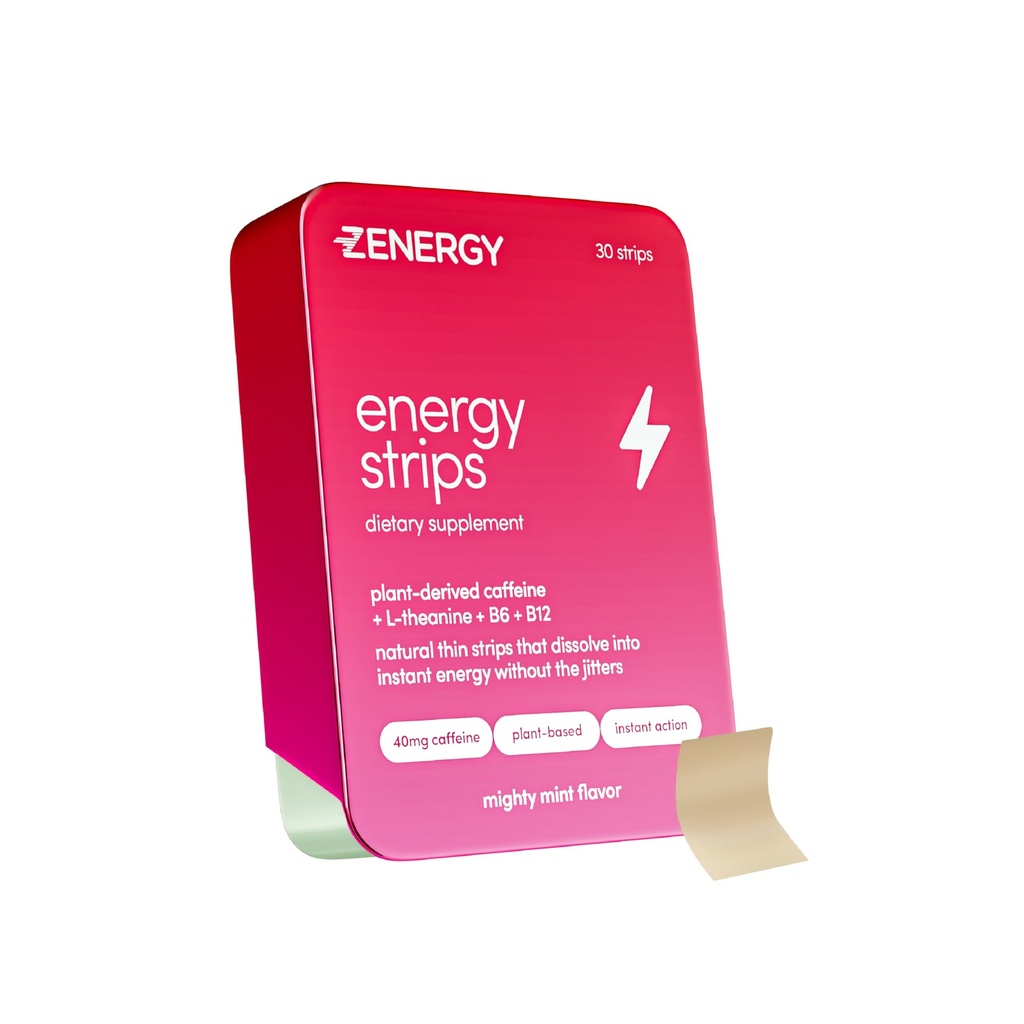 ZENERGY Energy Oral Strips - Mint Flavor | 40mg Koffein + 30mg L-Theanin + 100% Vitamin B6 & B12 | 0 Zucker, 0 Kalorien, 0 Gluten, 0 Aspartame, Vegan, Plant-Based, Instant Action | 1 Tin = 30 Streifen