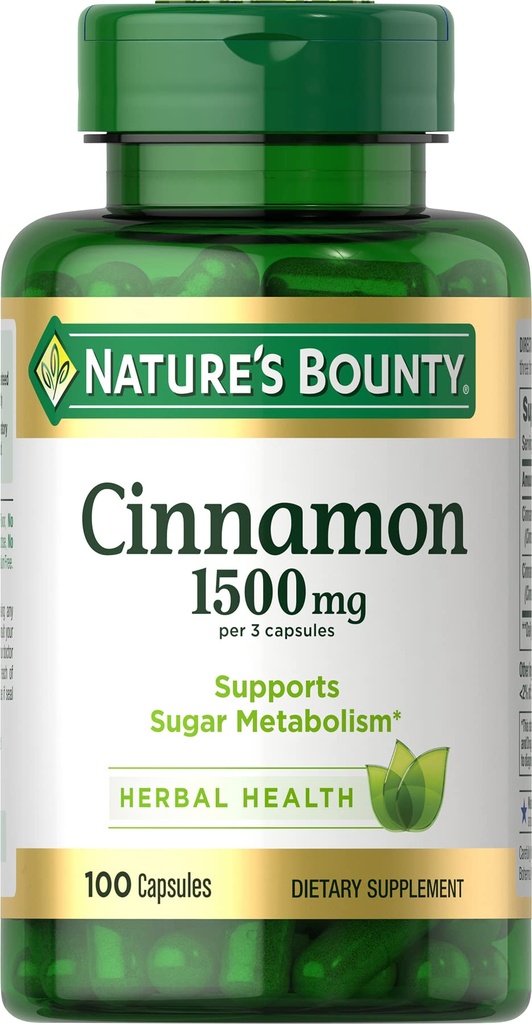 Nature's Bounty Cinnamon Kapseln, Kräuterergänzung, Unterstützt Zucker Stoffwechsel, 1500mg, 100 Kapseln