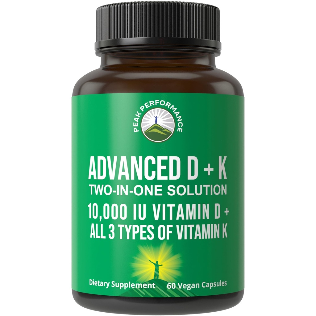 Spitzenleistung Fortgeschrittenes Vitamin D 10000 IU mit allen 3 Arten von Vitamin K - 10.000 Vitamin D3 und Vitamin K2, K1, MK-7 (MK7), MK4 Kapseln Nahrungsergänzung - 60 Klein und einfach zu schlucken Pillen
