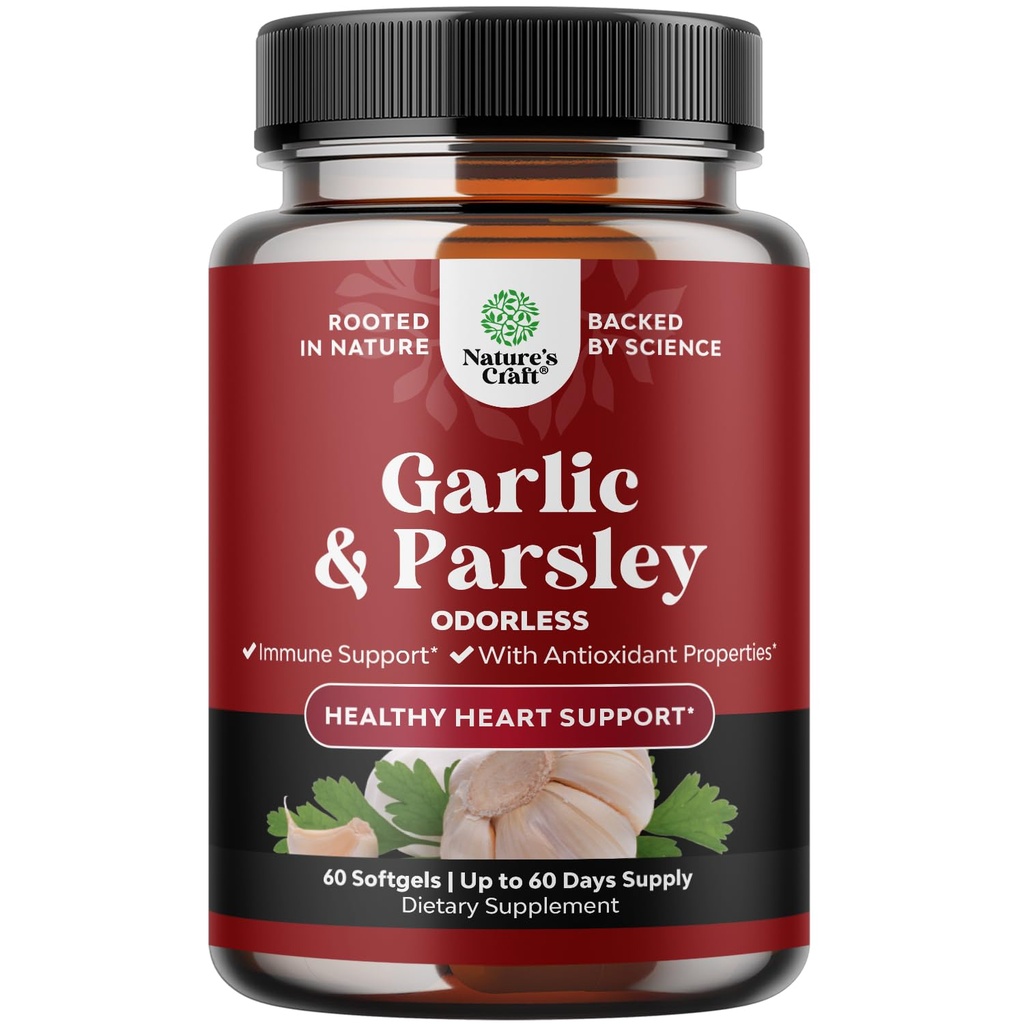 Konzentrierte Odorless Knoblauch Softgels - Parsley Extract & Aged Knoblauch-Ergänzungen für Kreislaufgesundheit, Verdauung, Immununterstützung & Liver Detox - Parsley Softgels für Gut-Unterstützung - 60 Ct