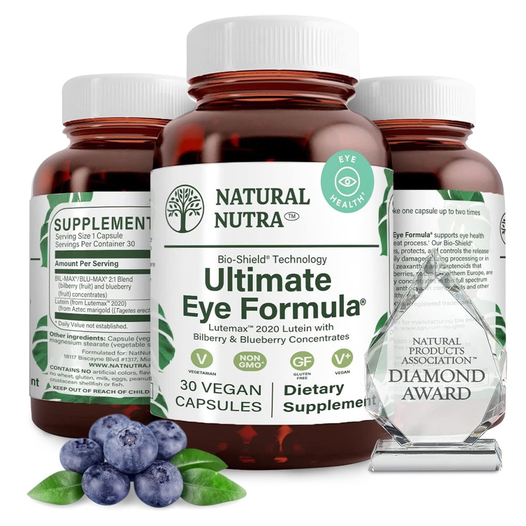 Naturel Nutra Ultimate Eye Health Supplement - Bilberry & Blueberry Extract Blend pour le soutien de la vision de jour et de nuit, favorise la perception des couleurs et la clarté des yeux - non-OGM, sans gluten, végétalien - 30 capsules