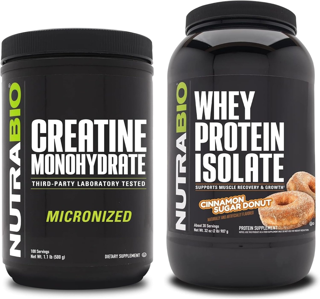NutraBio Creatine Monohydrat, Unflavored, 500g und Whey Protein Isolate, Cinnamon Sugar Donut, Supplement Bundle - Muskelenergie, Lean Muskelwachstum, Erholung und Stärke