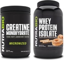 NutraBio Creatine Monohydrat, Unflavored, 500g und Whey Protein Isolate, Cinnamon Sugar Donut, Supplement Bundle - Muskelenergie, Lean Muskelwachstum, Erholung und Stärke