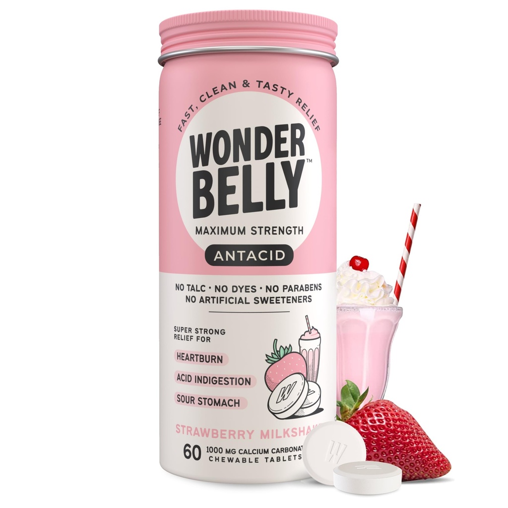 Wunderbar Antacid, Effektive Sodbrennen und Instant Acid Indigestion Relief, extra Stärke Kautabletten, 1000 mg Calciumcarbonat, No Talc oder Dye, Erdbeermilchshake, 60 Count