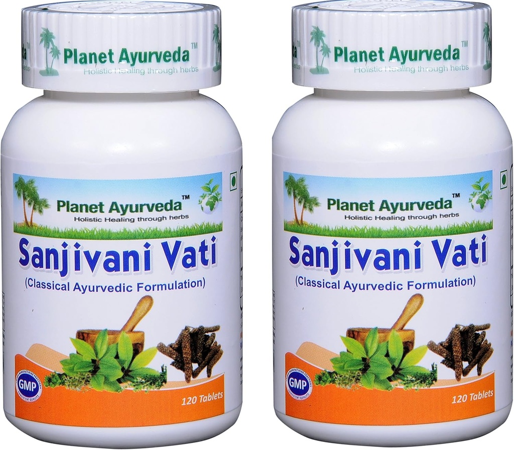 Planète Ayurveda Sanjivani Vati - Comprimés à base de plantes, 100% naturels et purs - 2 bouteilles (chaque bouteille contient 120 comprimés)